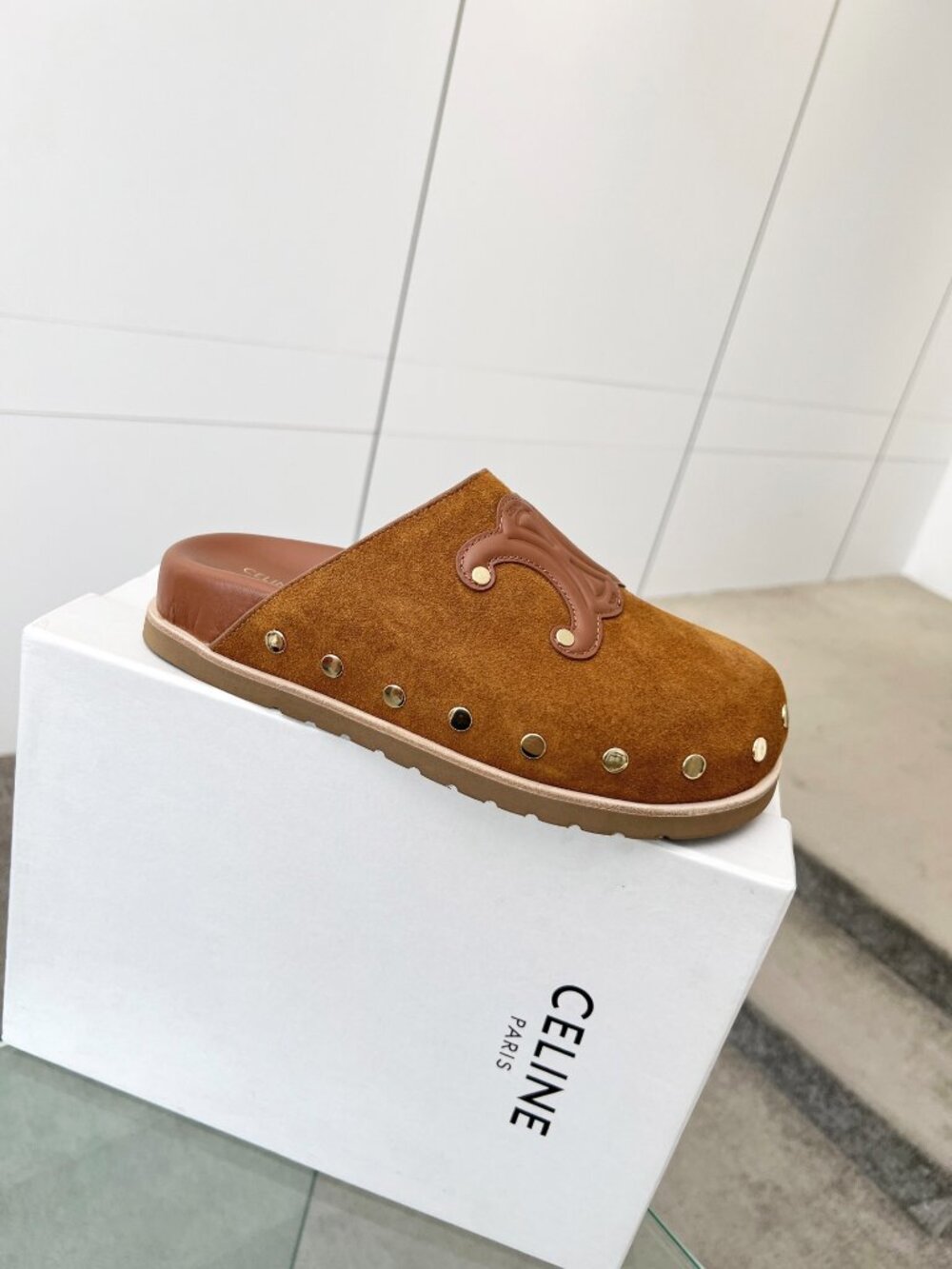CELINE Calfskin Leather Triomphe Embossed Mules Slides Slippers - Picture 8 of 8